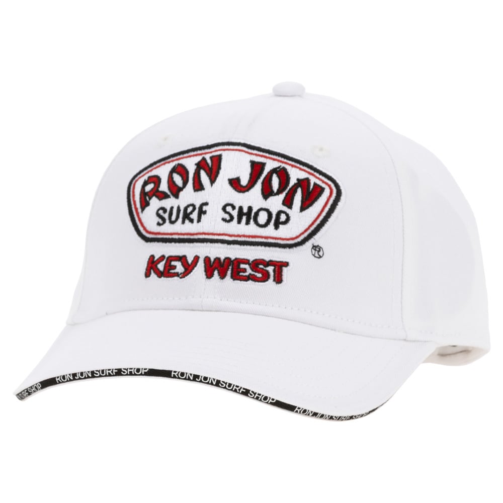 A white baseball cap with Ron Jon Surf Shop Key West embroidered on the front and Ron Jon Surf Shop printed on the underside of the brim.