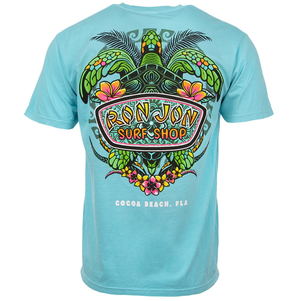 Turquoise t-shirt with a colorful sea turtle graphic and Ron Jon Surf Shop text on the back; Cocoa Beach, Fla printed underneath.