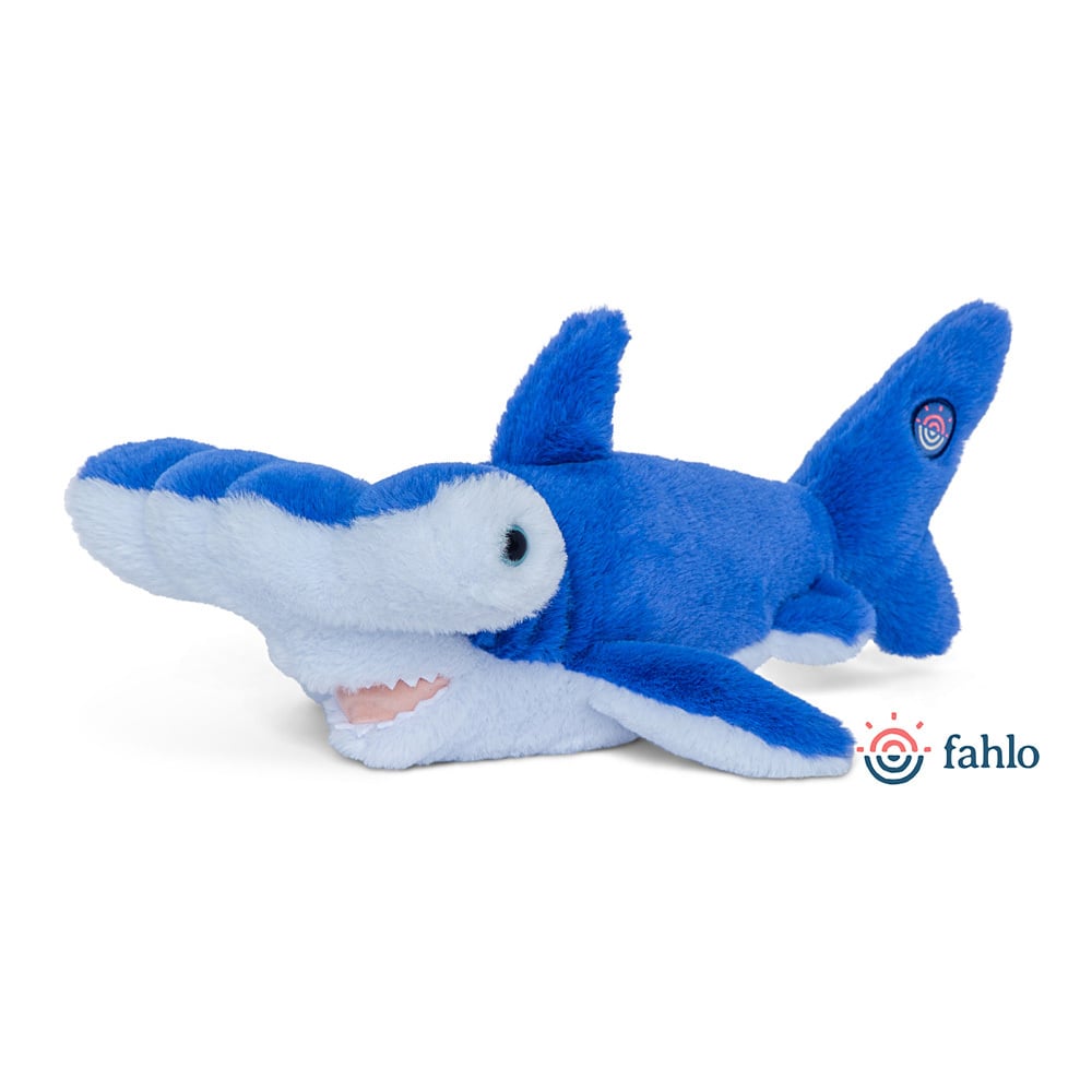 A blue and white plush hammerhead shark toy with embroidered details, shown on a white background with the Fahlo logo in the corner.