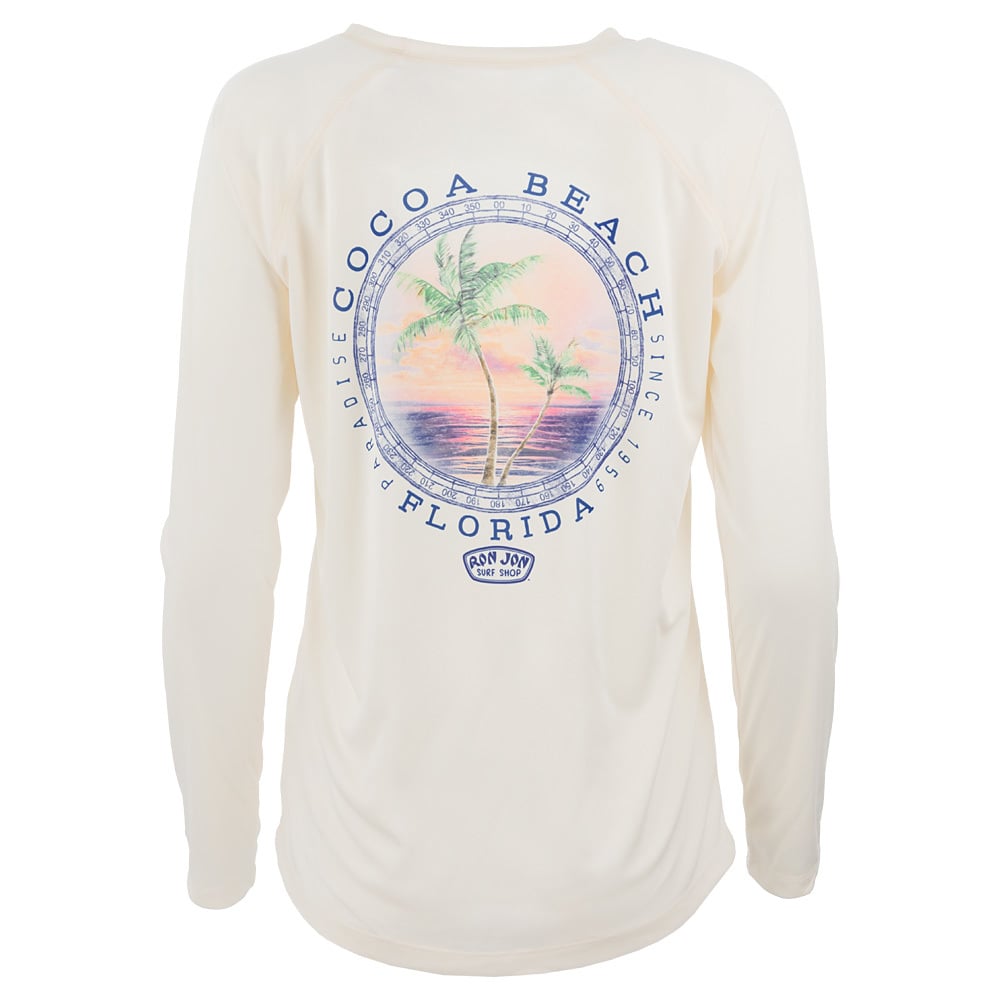 Long-sleeve off-white shirt with a graphic on the back. The design features a sunset, palm trees, and the text Cocoa Beach, Florida, Ron Jon Surf Shop.