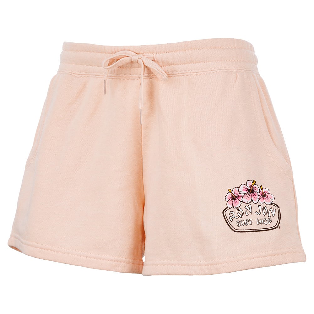 Peach-colored shorts with pockets and a drawstring, featuring a floral RON JON SURF SHOP logo on the front.