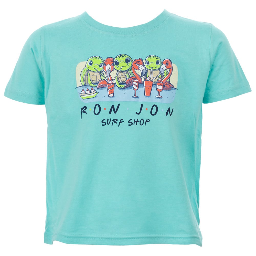 Teal T-shirt featuring cartoon turtles and lobsters eating and drinking at a table, with Ron Jon Surf Shop printed below the illustration.
