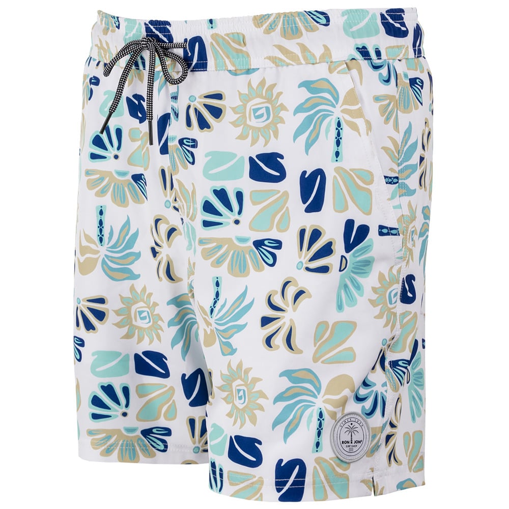 White swim trunks with a blue, beige, and teal abstract floral pattern, featuring a black-and-white drawstring and a circular logo near the bottom hem.