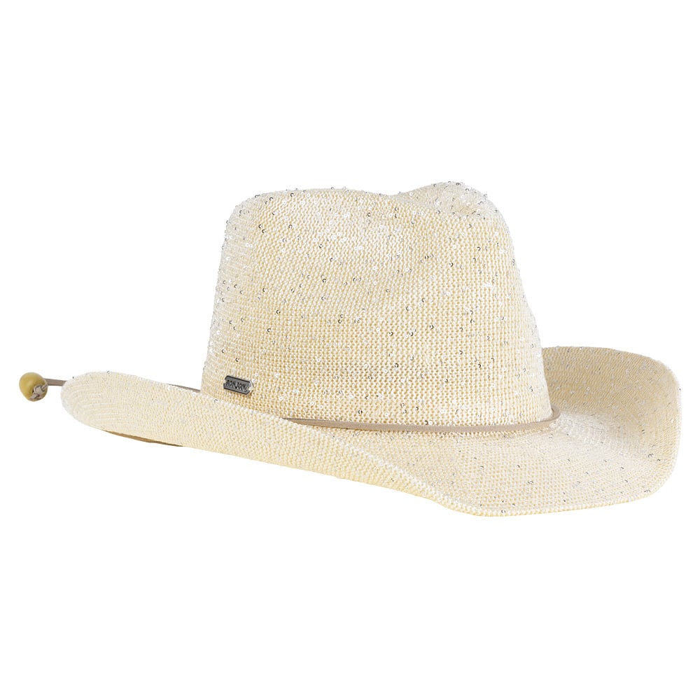 A light-colored, woven straw cowboy hat with a wide brim and an adjustable chin cord, shown against a plain white background.