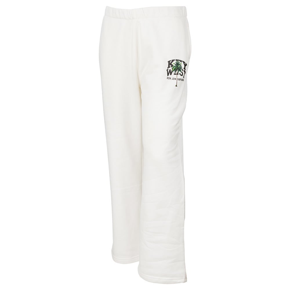 White sweatpants with an elastic waistband and a small green and Key West palm tree logo on the left thigh.