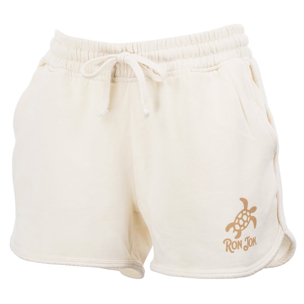 Beige shorts with a turtle logo and Ron Jon text on the leg. Features an elastic waistband and drawstring.