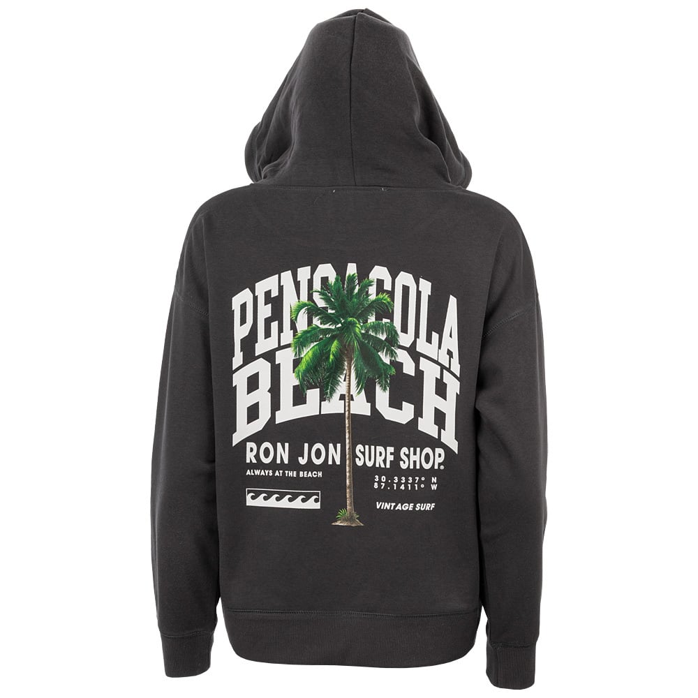 Black hooded sweatshirt with Pensacola Beach, a palm tree graphic, and Ron Jon Surf Shop text printed on the back.