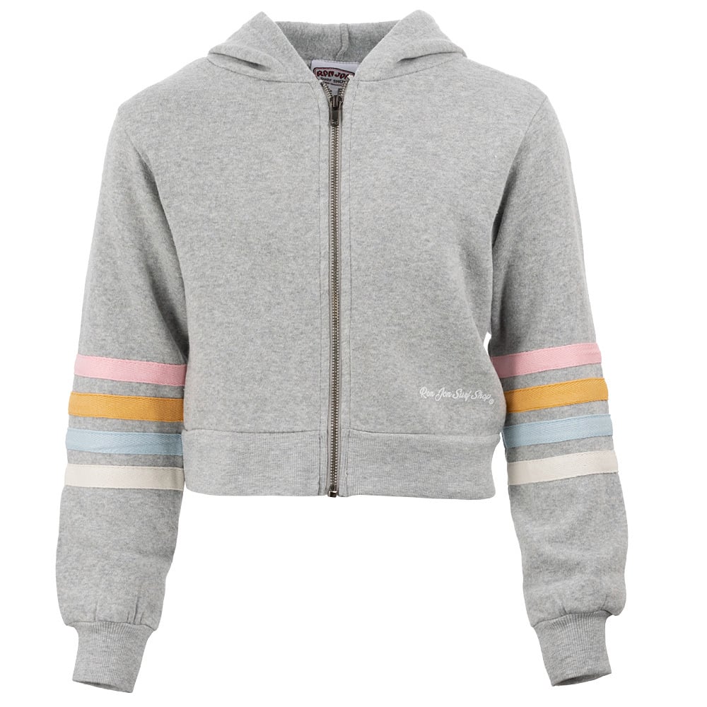 Gray zip-up hoodie with multicolored stripes on the sleeves. Text on the side reads Ron Jon Surf Shop.