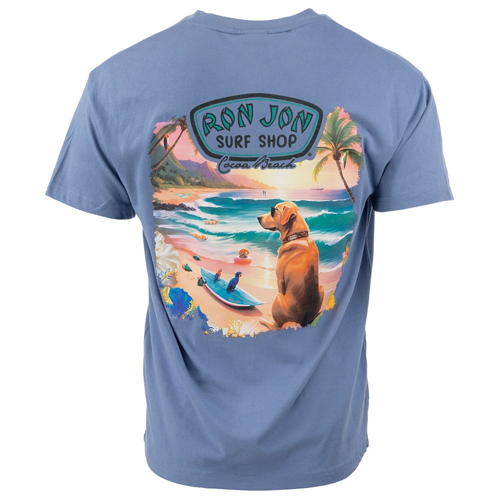 Blue T-shirt with RON JON SURF SHOP Cocoa Beach logo, featuring a scenic beach design with a dog, surfboard, waves, and palm trees.