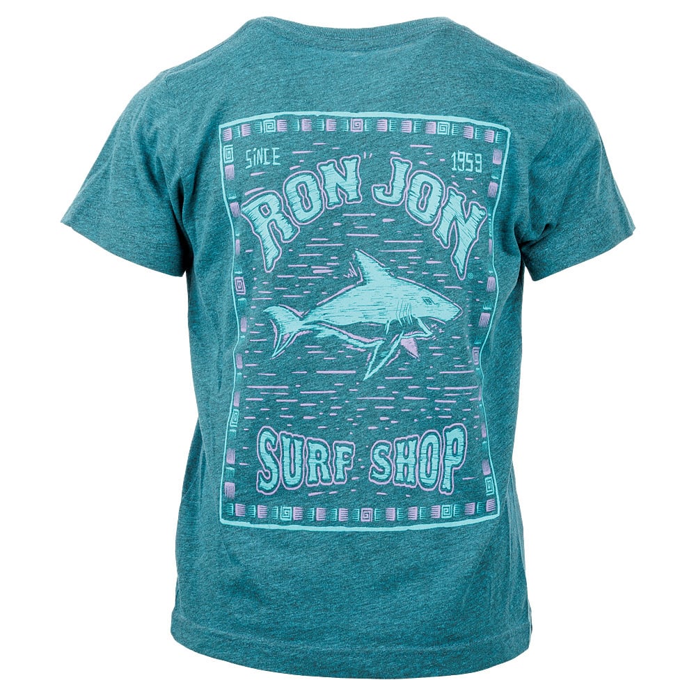 Back of a teal T-shirt featuring a graphic shark design with Ron Jon Surf Shop and Since 1959 text.