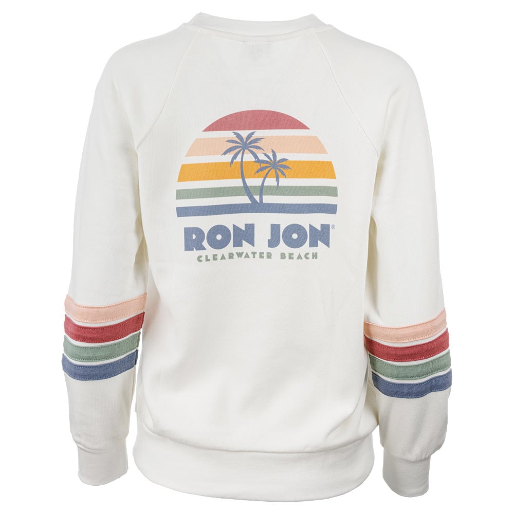 White sweatshirt with Ron Jon Clearwater Beach text, a sunset and palm tree graphic, and colorful stripes on the sleeves.