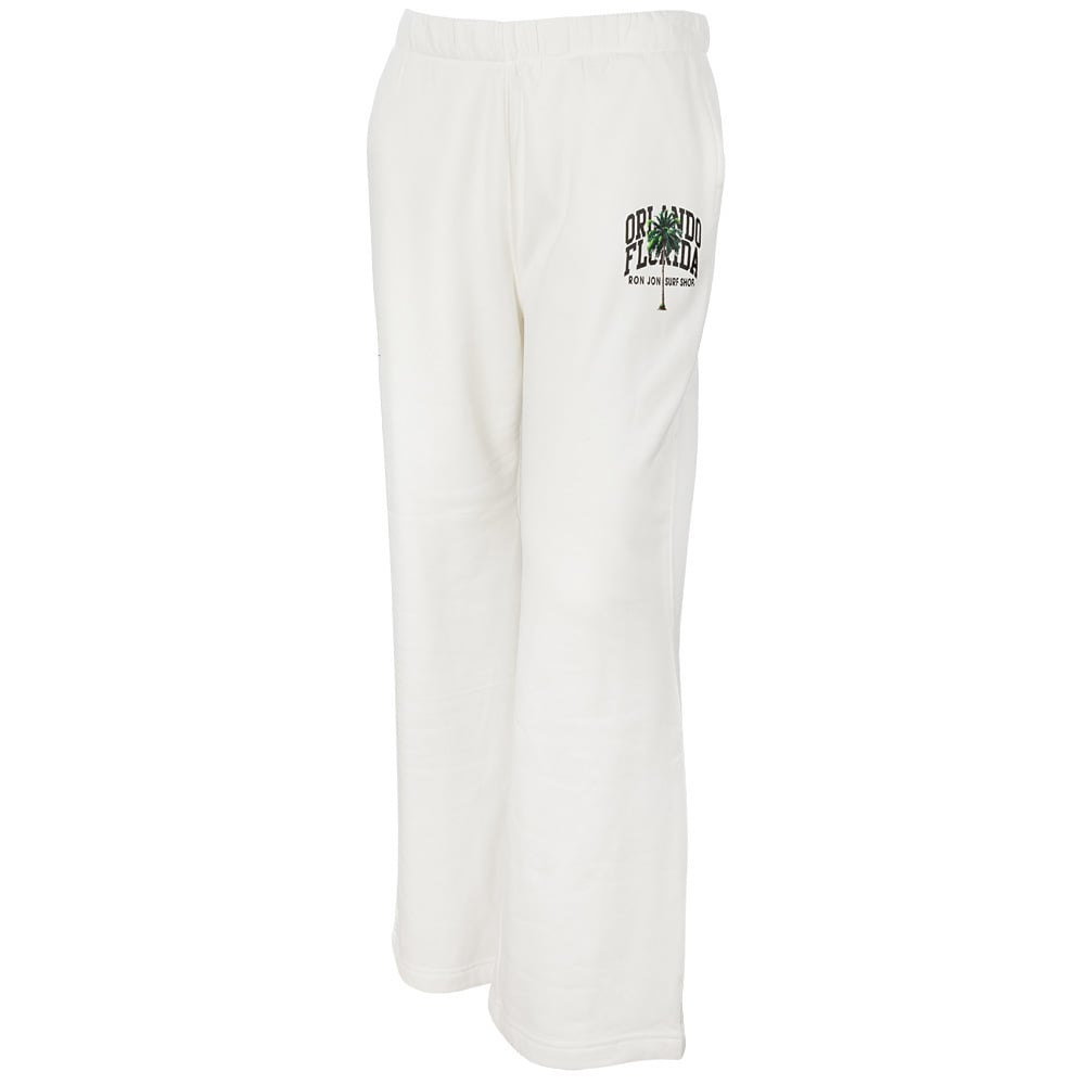 White sweatpants with an elastic waistband and Orlando Florida text in green and black on the upper left thigh.