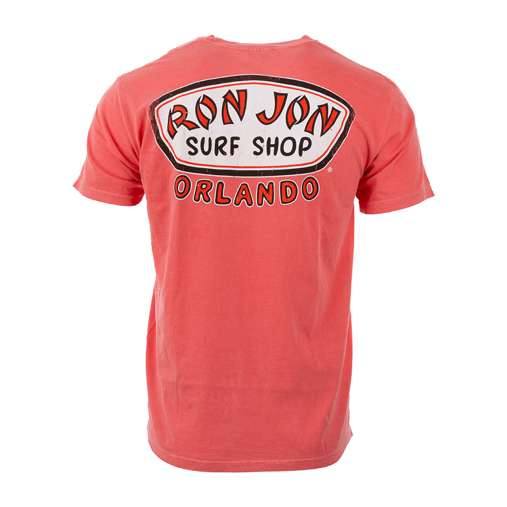 Watermelon colored T-shirt with a Ron Jon Surf Shop Orlando logo printed on the back.
