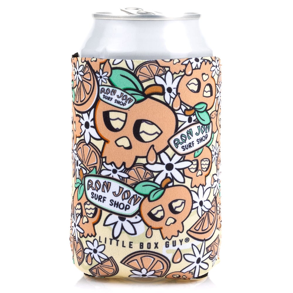 A beverage can in a coozie featuring cartoon fruit designs and Ron Jon Surf Shop logos.