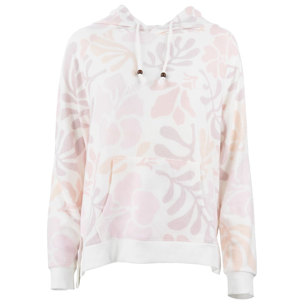 A white hoodie with a soft abstract floral print in pastel pink and beige, featuring a drawstring hood and front kangaroo pocket.