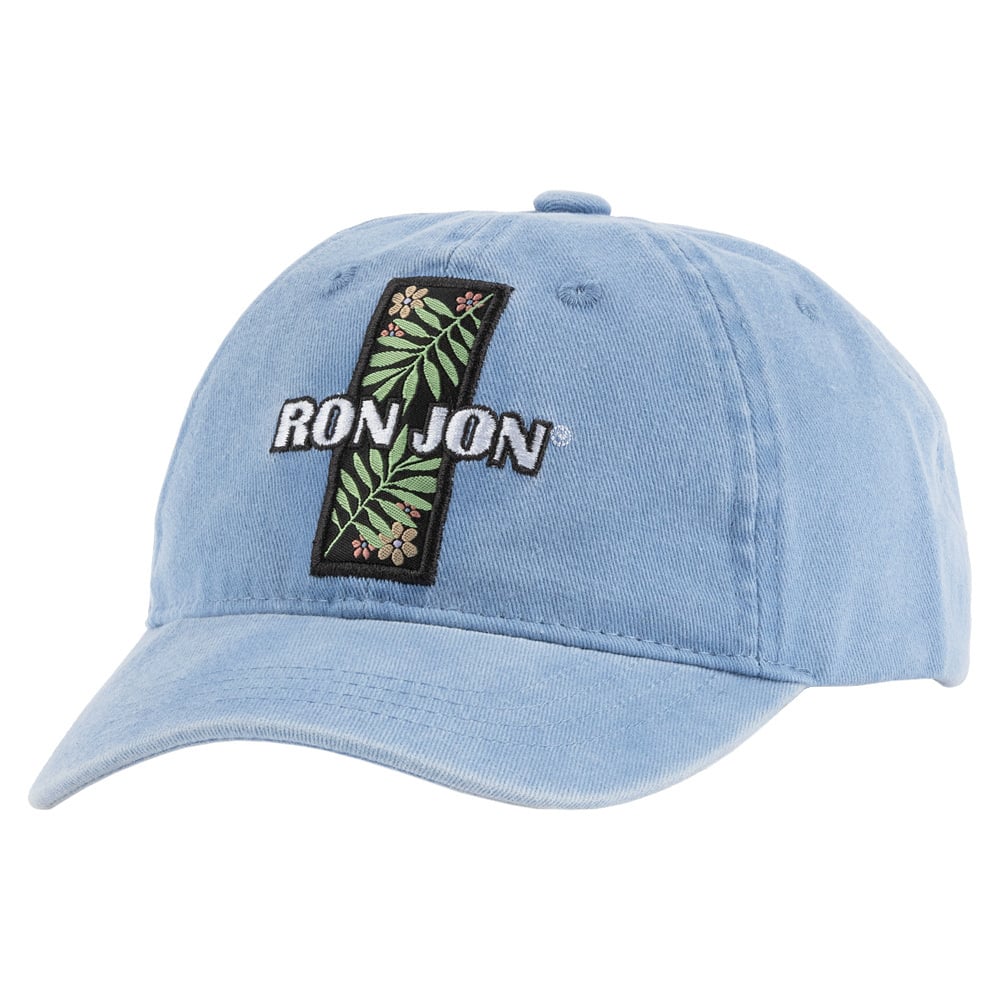 Light blue baseball cap with a curved brim, featuring a sewn patch that reads RON JON over a black background with green leaves and small flowers.