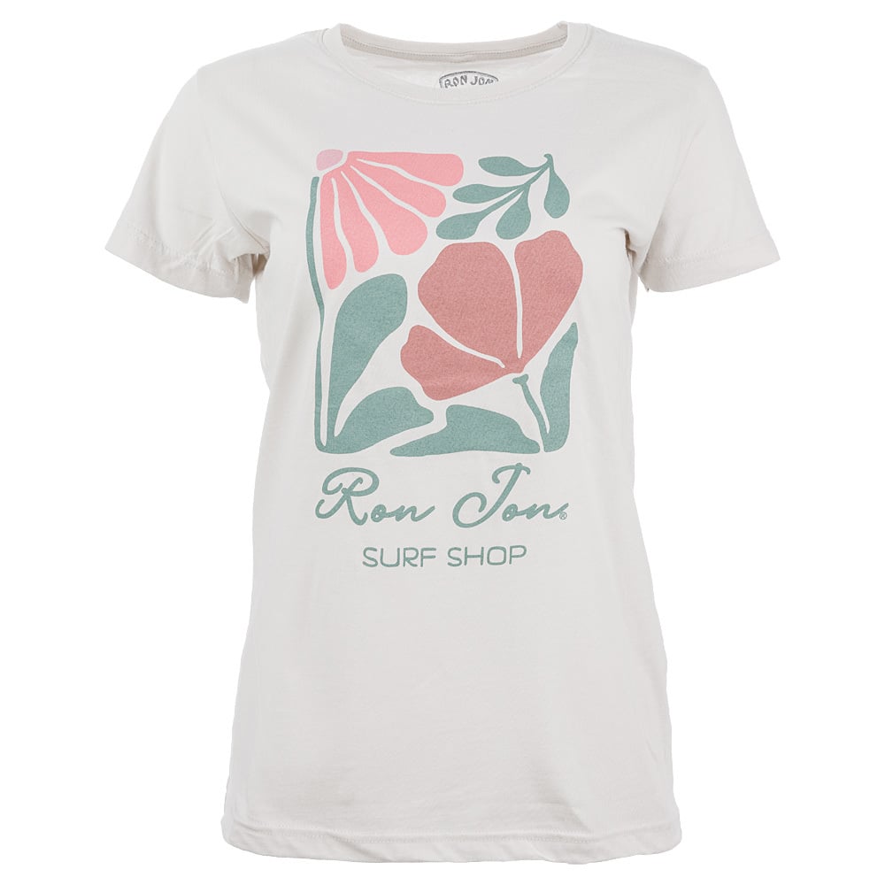 White T-shirt featuring abstract floral design in pink and green, with Ron Jon Surf Shop text printed below.