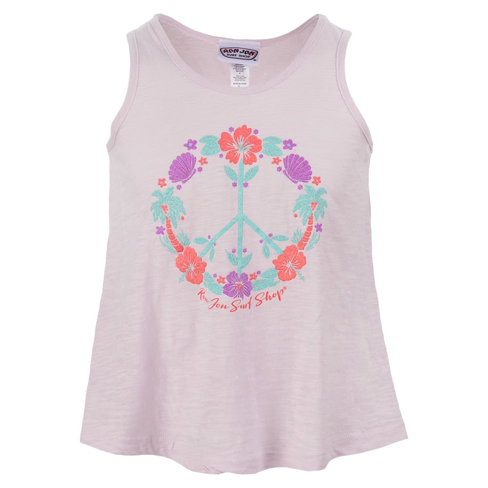 Light pink sleeveless tank top with a peace sign made of flowers and palm trees, and Ron Jon Surf Shop written below the design.