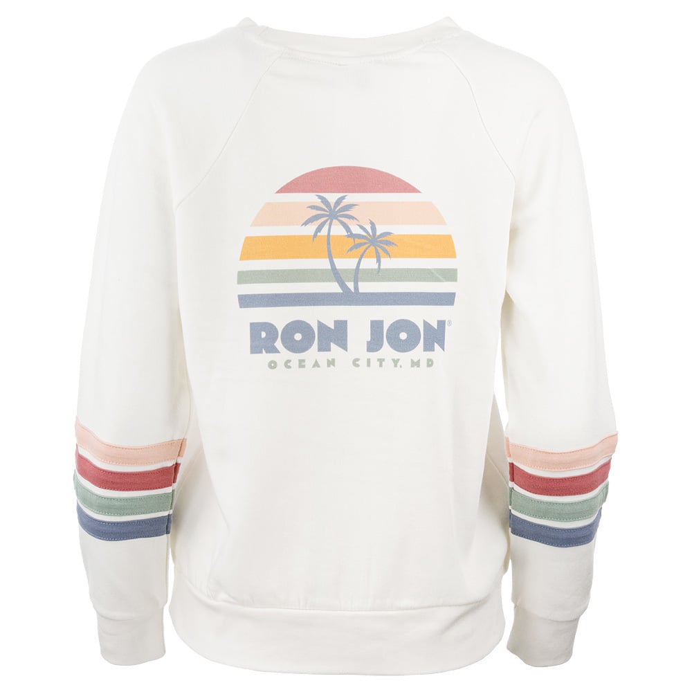 White sweatshirt with rainbow stripes and palm trees in a circle. Text reads RON JON OCEAN CITY, MD. Sleeves have matching colored stripes near the cuffs.