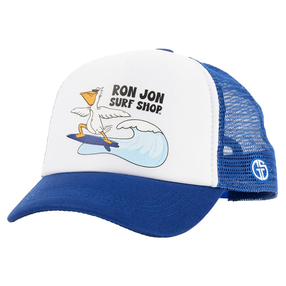 Blue and white Ron Jon Surf Shop cap with a mesh back, featuring a cartoon pelican surfing on the front.