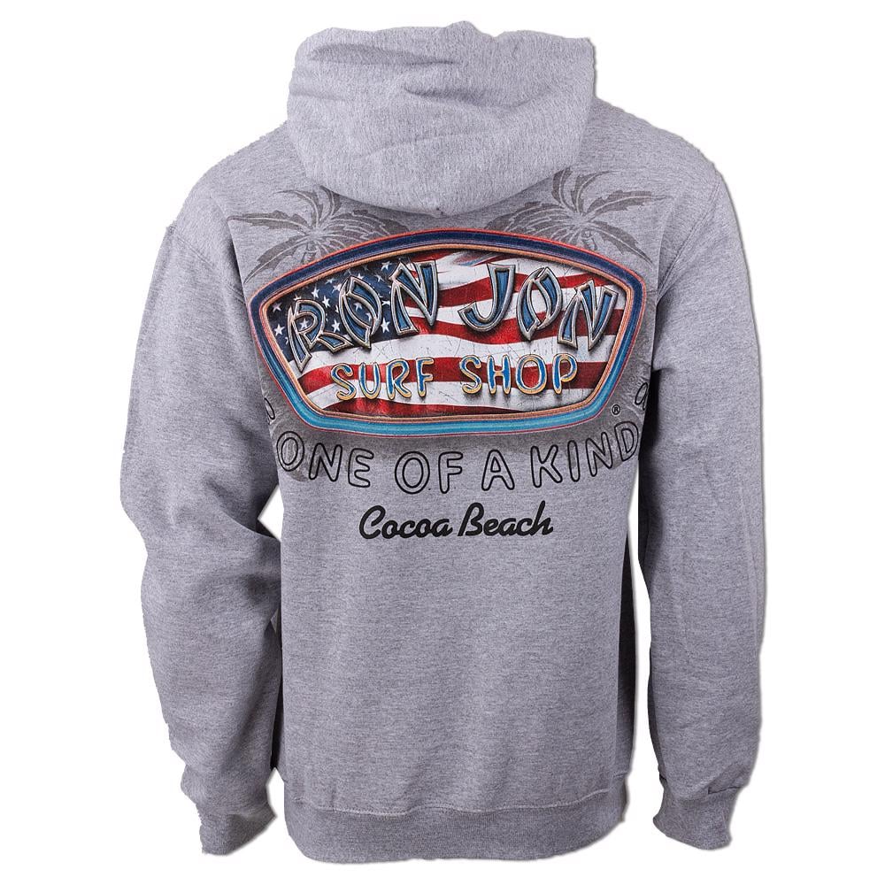 A gray gun metal hoodie with Ron Jon Surf Shop One of a Kind Cocoa Beach and a colorful logo printed on the back.