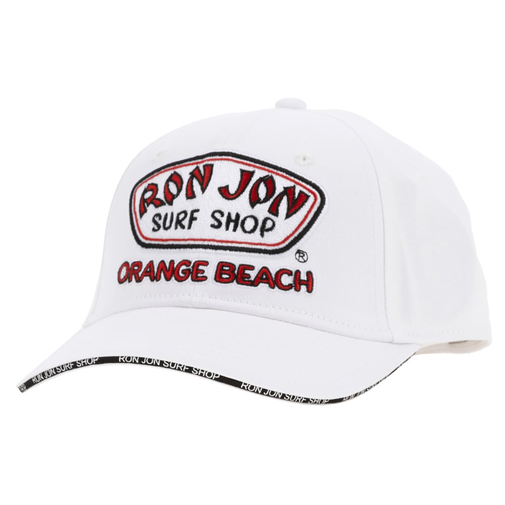 A white baseball cap featuring the Ron Jon Surf Shop Orange Beach logo on the front and RON JON SURF SHOP text along the curved edge of the brim.