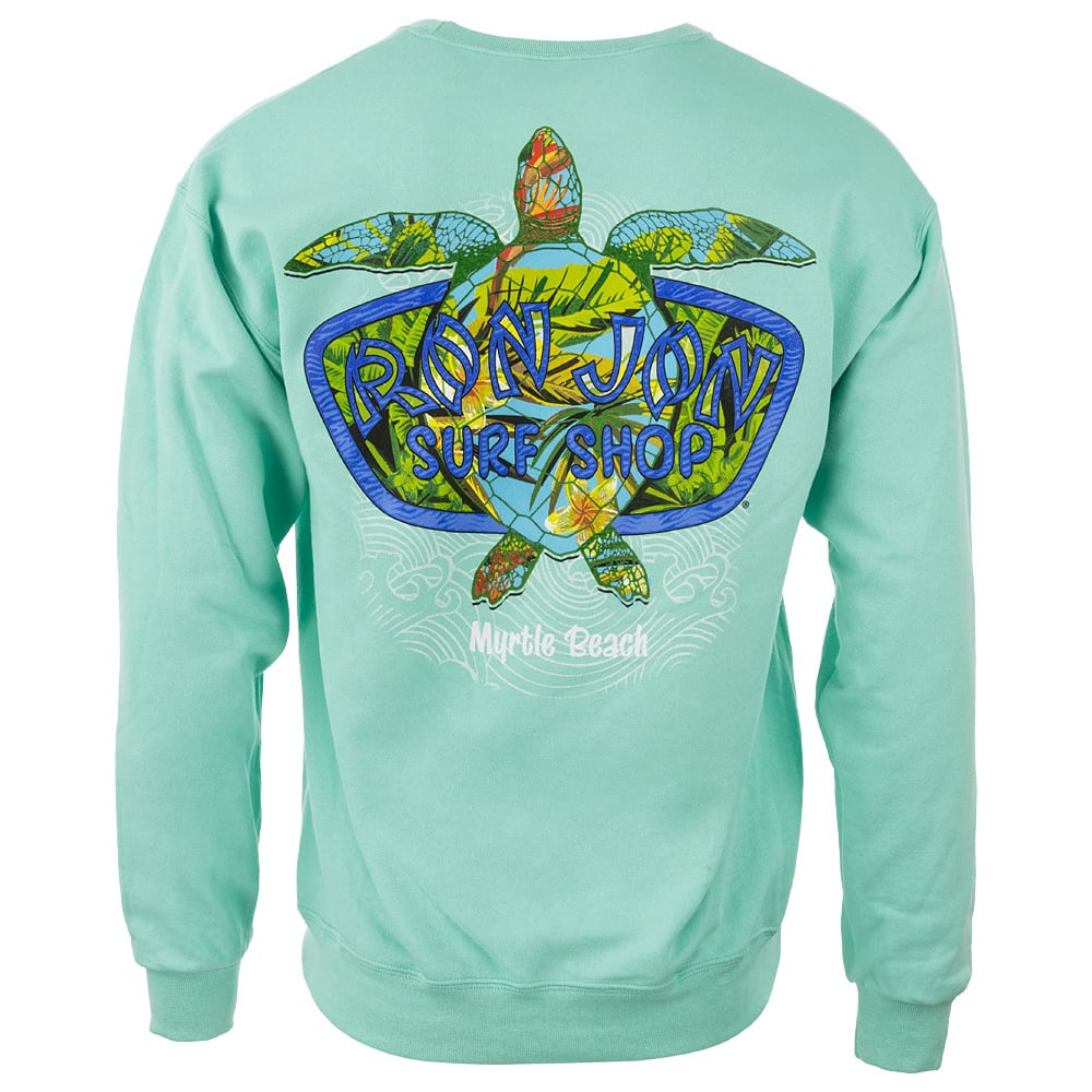 Aqua sweatshirt featuring a colorful sea turtle design with Ron Jon Surf Shop and Myrtle Beach text on the back.