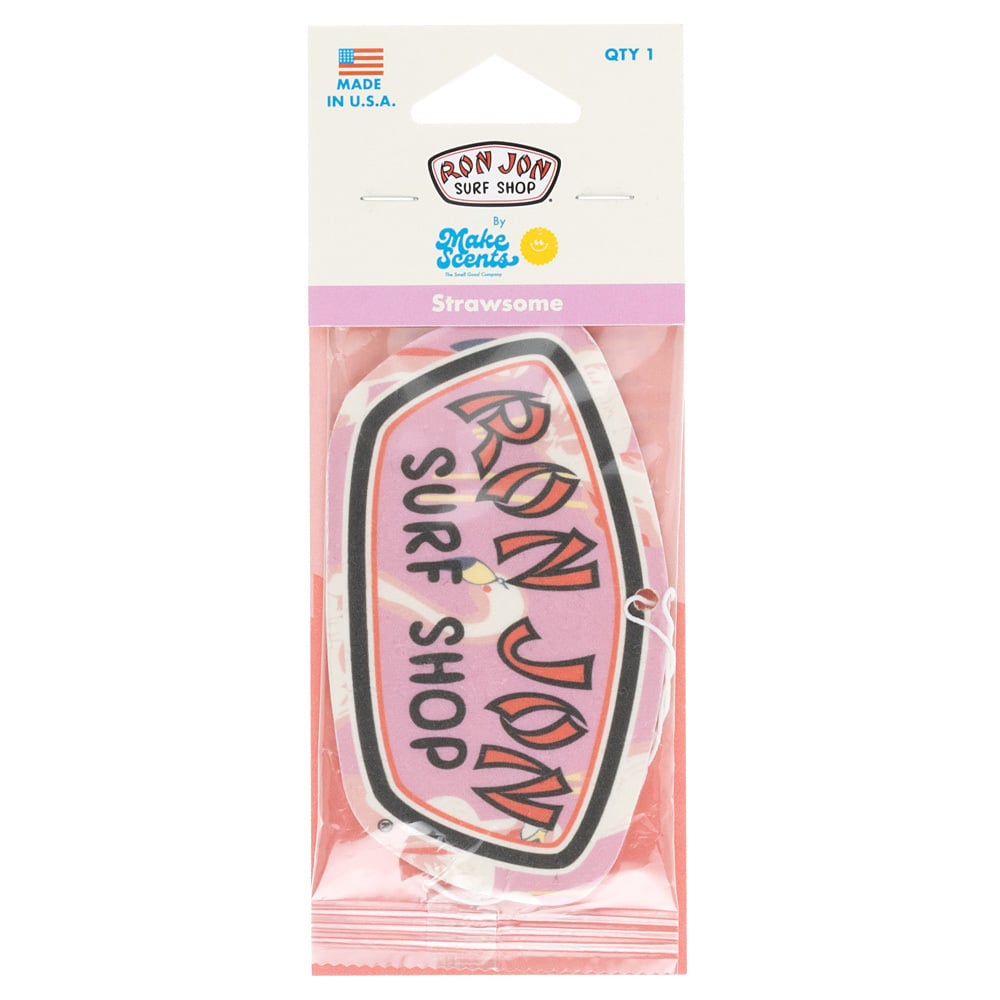A Ron Jon Surf Shop air freshener in pink packaging, featuring the Ron Jon logo and marked Made in U.S.A.