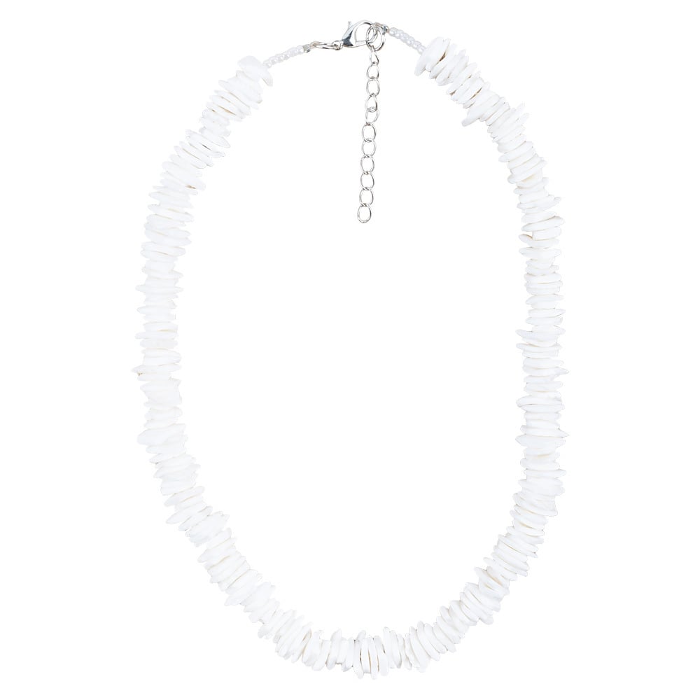 A white shell necklace with irregular, flat shell pieces and a silver adjustable chain clasp.