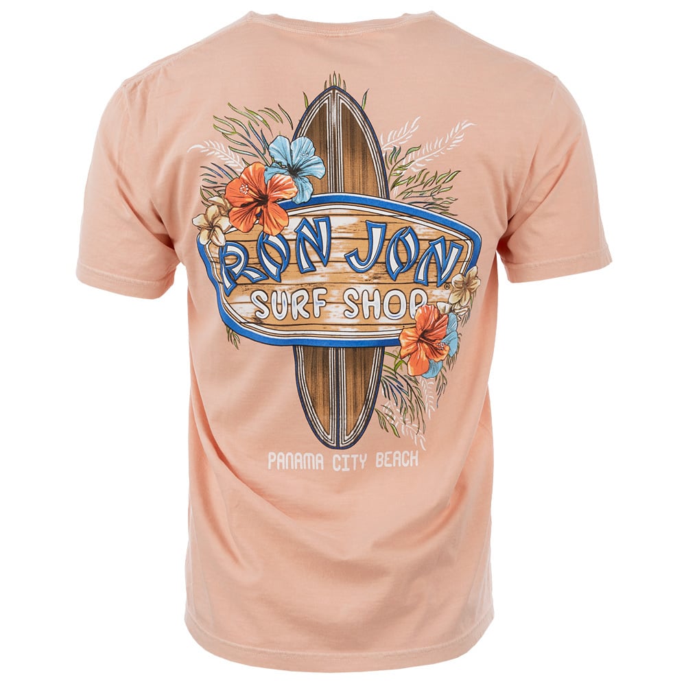 Back of a T-shirt featuring a surfboard design with flowers and the text Ron Jon Surf Shop, Panama City Beach.