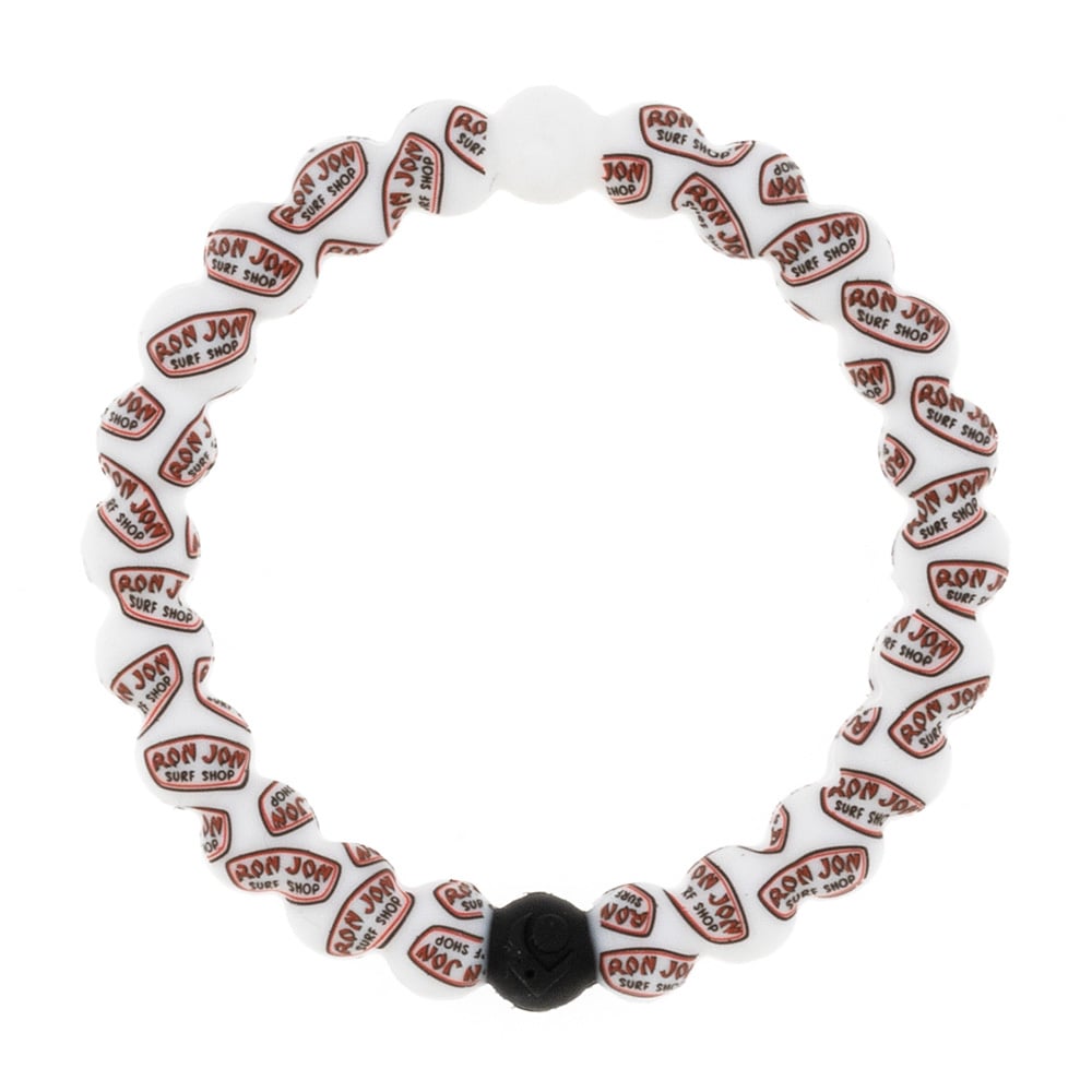 White beaded bracelet with Ron Jon Surf Shop logos on each bead and one black bead.