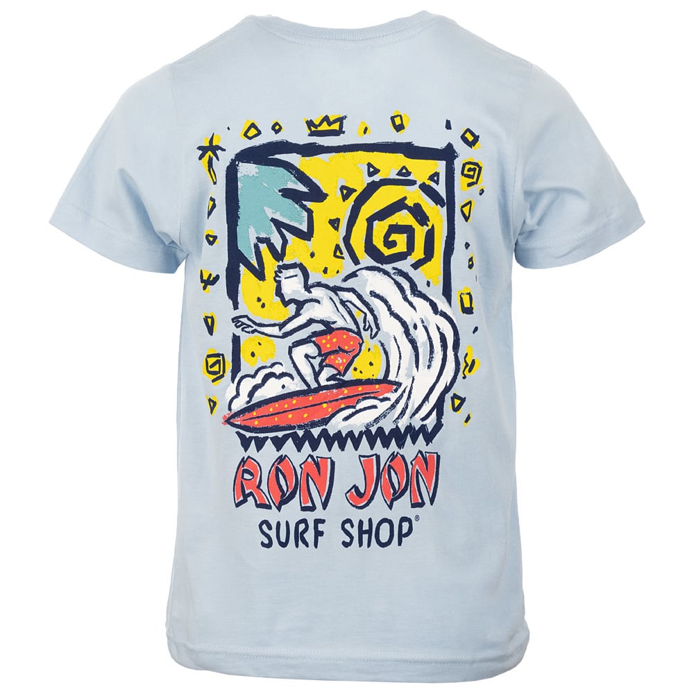 Light blue T-shirt with a colorful graphic of a surfer on a wave, palm tree, and spiral sun. Text reads Ron Jon Surf Shop.