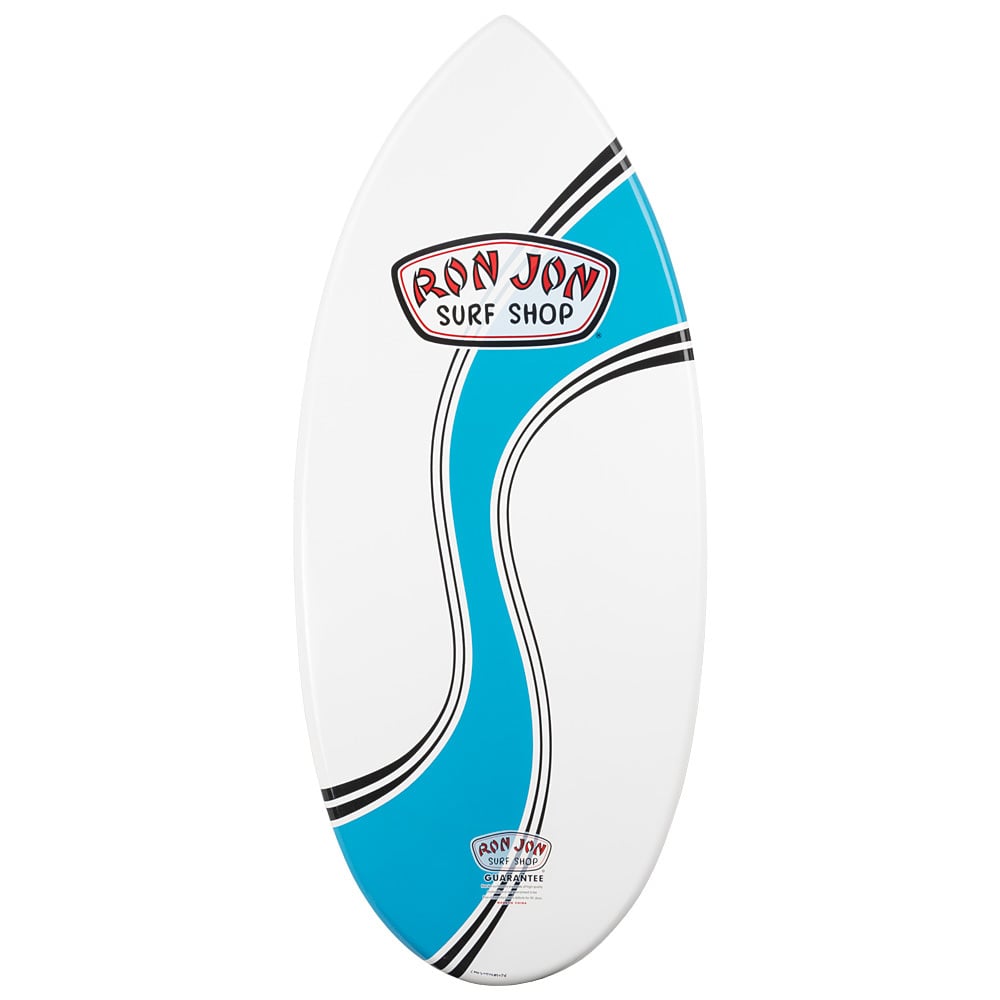 A white skimboard with blue and black curved stripes, featuring Ron Jon Surf Shop logos near the top and bottom.