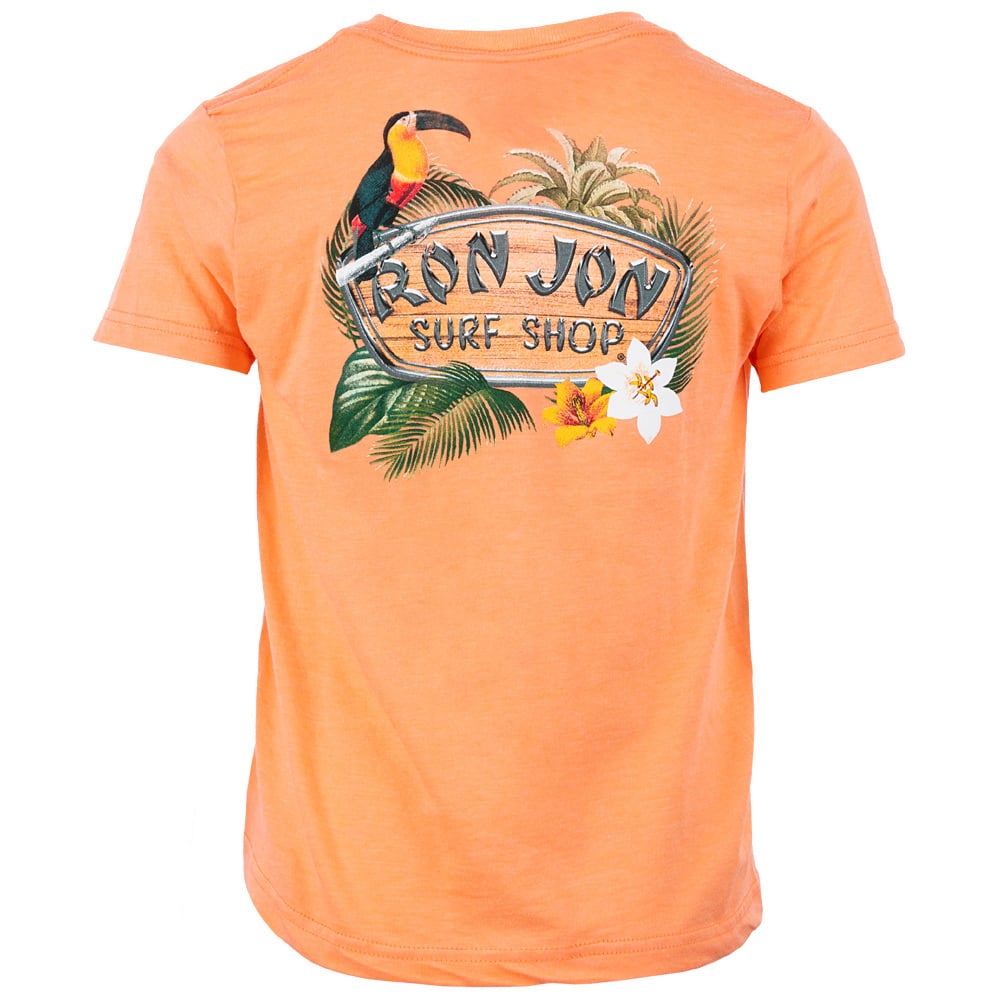 Orange T-shirt featuring a Ron Jon Surf Shop logo with a toucan, tropical leaves, and flowers on the back.