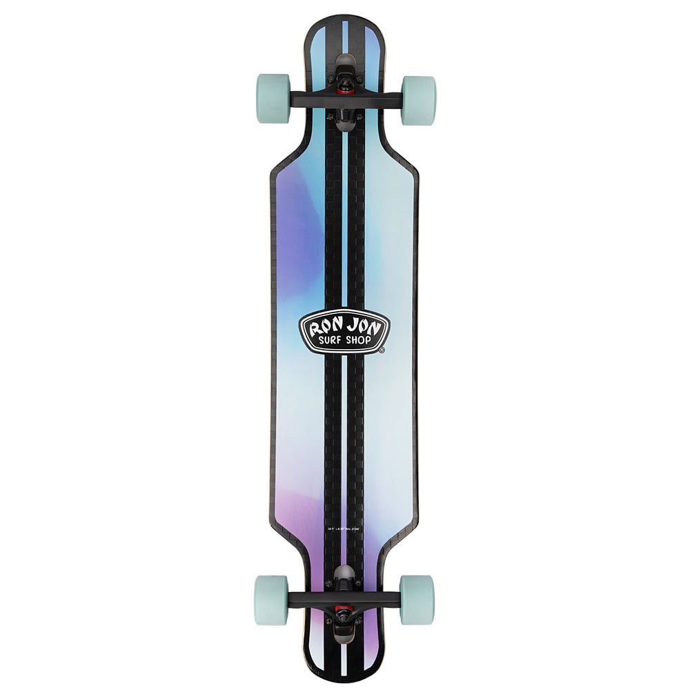 Top view of a longboard skateboard with a gradient purple and blue deck, black grip tape, blue wheels, and a Ron Jon Surf Shop logo in the center.