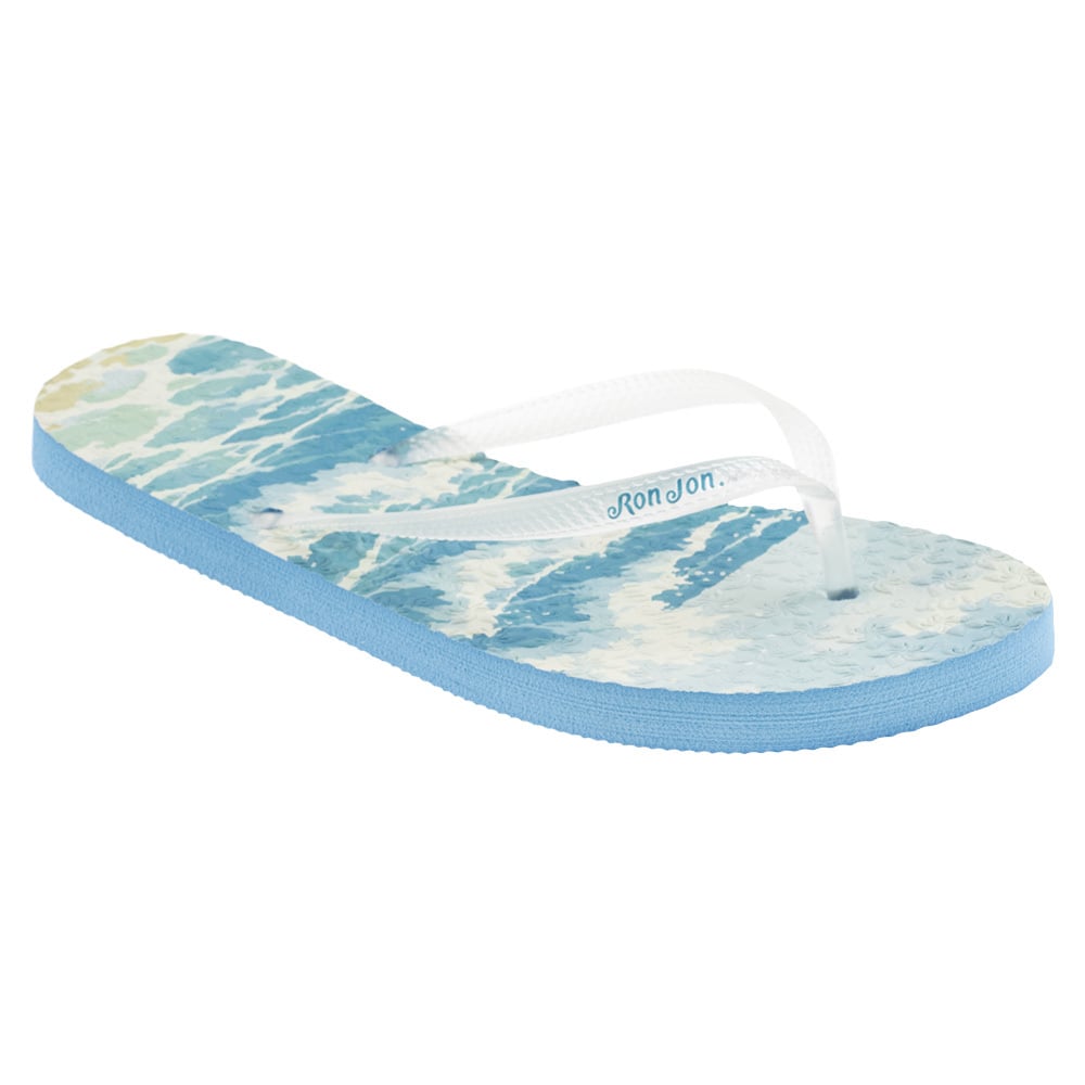 A blue flip-flop sandal with a white strap and a wave pattern on the footbed.
