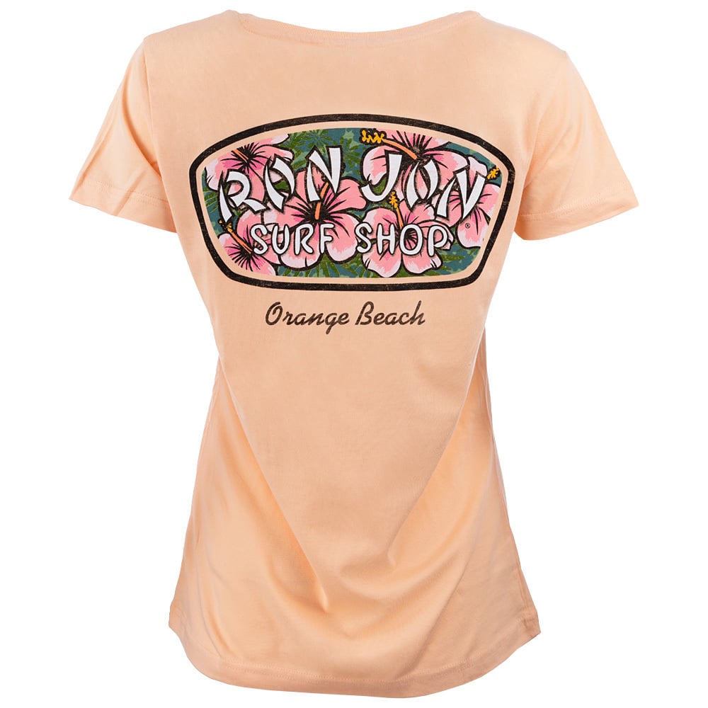 Peach-colored T-shirt with Ron Jon Surf Shop and Orange Beach printed, featuring floral and surfboard design on the back.