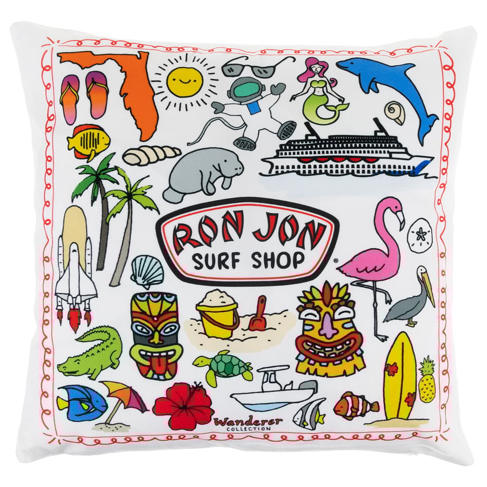 Square pillow with colorful illustrations representing a beach theme, including palm trees, surfboards, sea animals, and a cruise ship, featuring Ron Jon Surf Shop in the center.