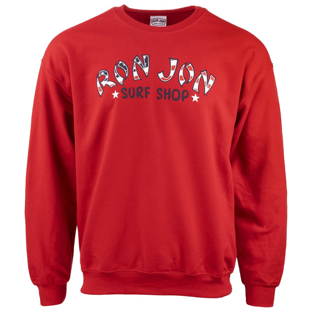 Red crewneck sweatshirt with Ron Jon Surf Shop printed on the front in patterned letters and stars.