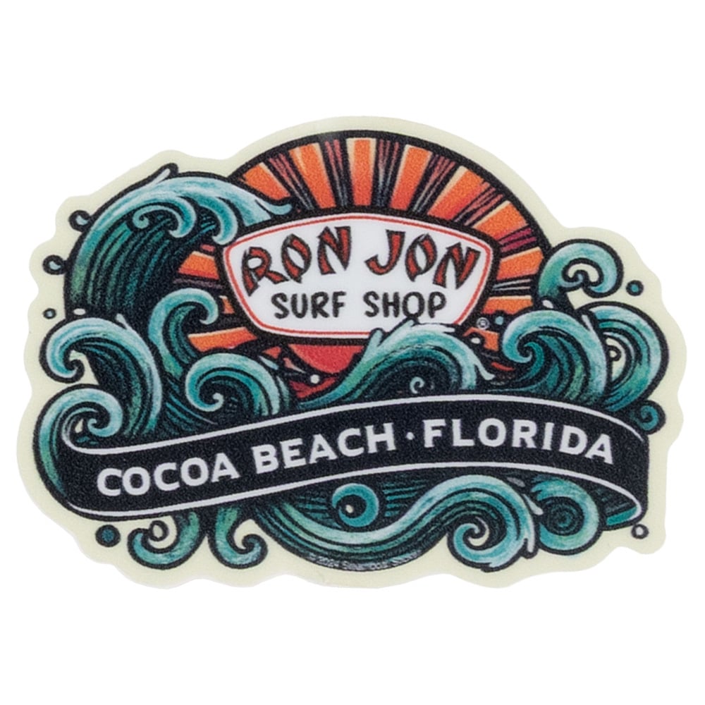 Sticker featuring Ron Jon Surf Shop with sun rays, waves, and the text Cocoa Beach, Florida in bold letters.