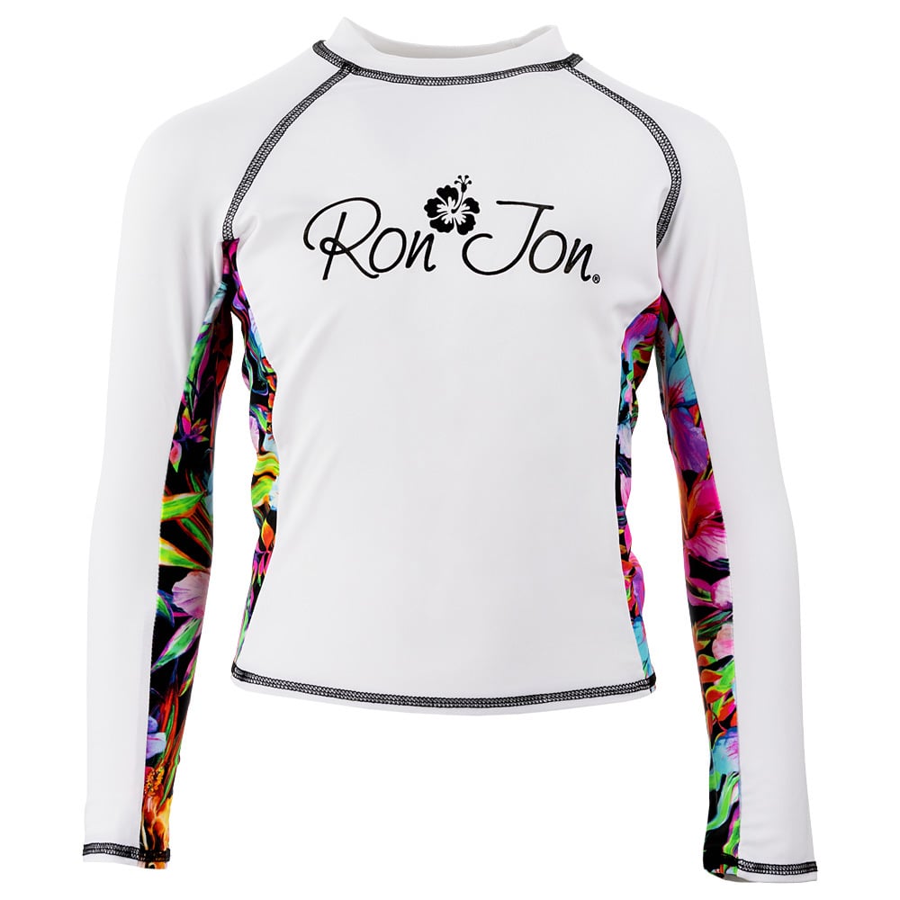 White long-sleeve rash guard with Ron Jon logo on the chest and colorful floral pattern on the sides and sleeves.