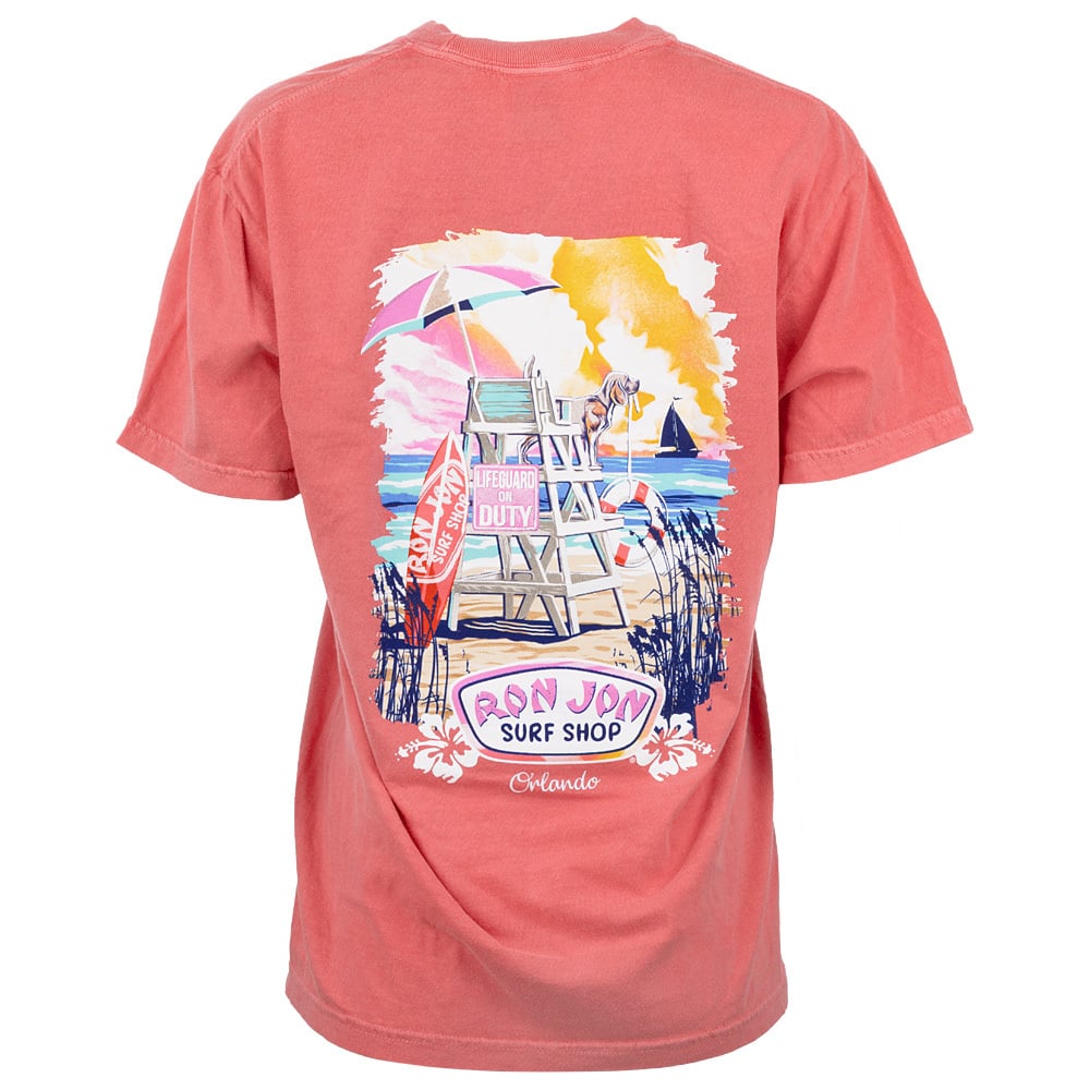 Coral t-shirt featuring a colorful beach scene on the back with a lifeguard chair, surfboard, umbrella, and Ron Jon Surf Shop Orlando text.
