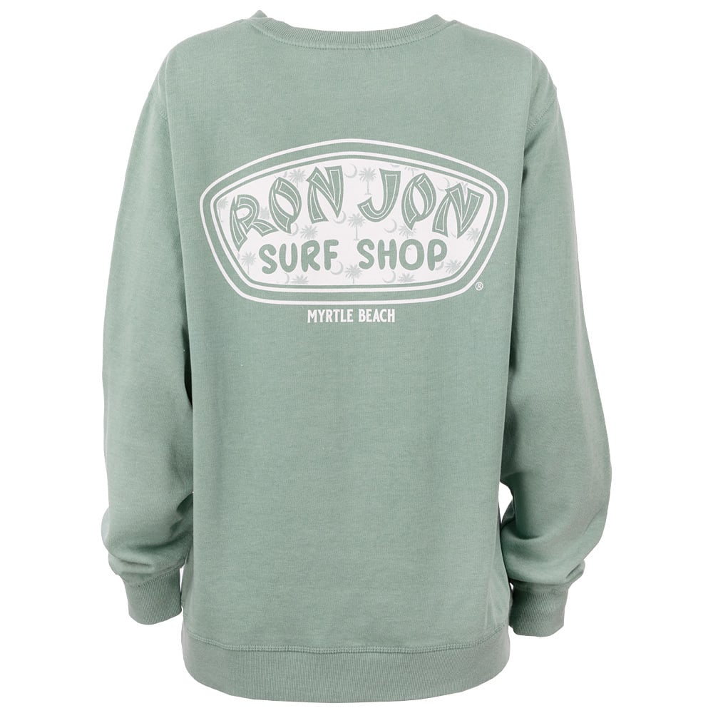 A green sweatshirt featuring a large white Ron Jon Surf Shop Myrtle Beach logo on the back.