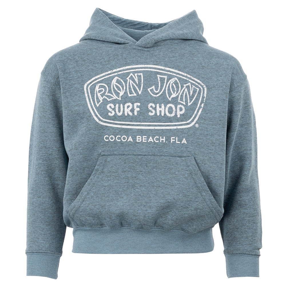 Gray hoodie with Ron Jon Surf Shop, Cocoa Beach, Fla. emblazoned on the front in white text and design.