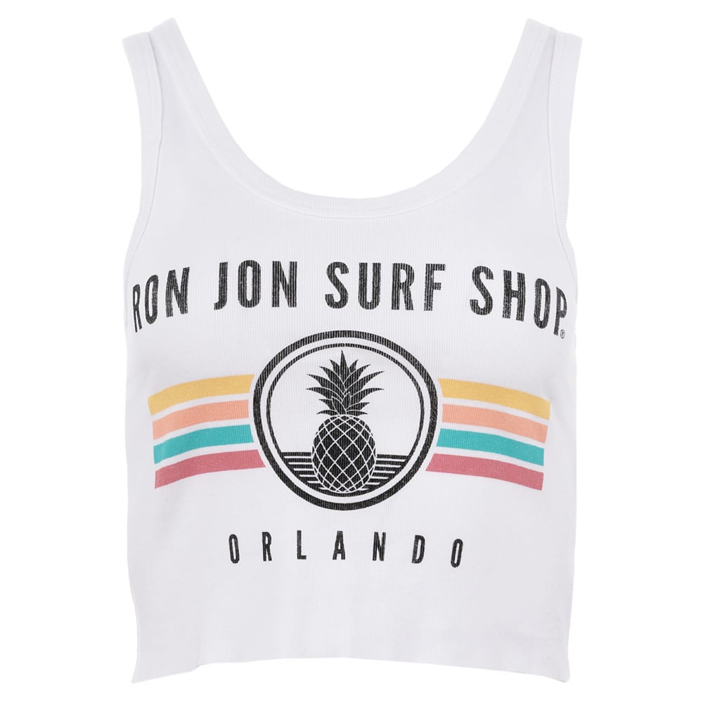 A white crop tank top with “Ron Jon Surf Shop Orlando” text, a black pineapple graphic, and horizontal stripes in yellow, pink, and teal.