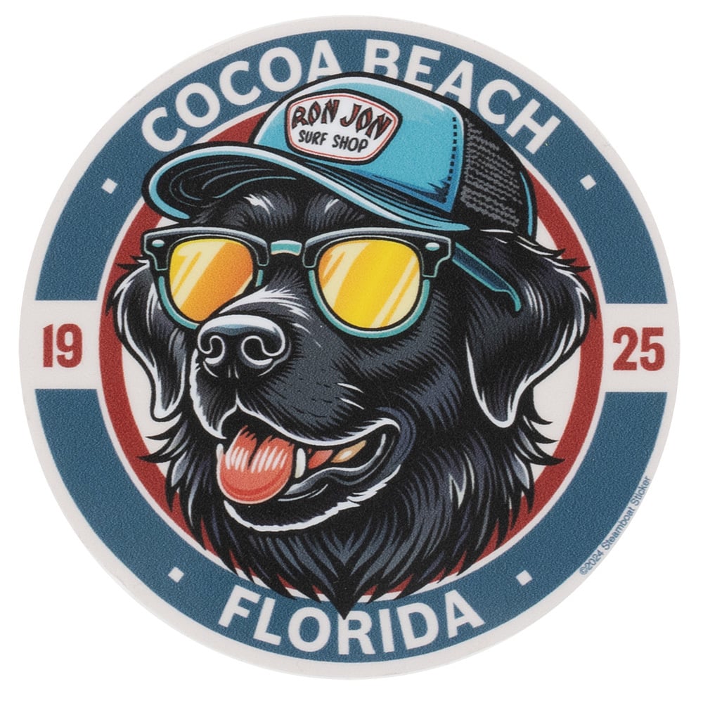 Circular logo featuring a black dog wearing sunglasses and a blue cap labeled Ron Jon Surf Shop, with text reading Cocoa Beach Florida 1925.