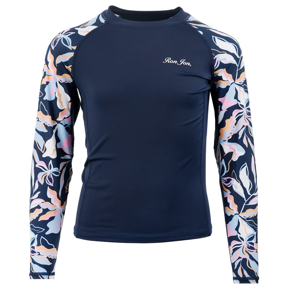 Navy long-sleeve rash guard with floral-patterned sleeves and small Ron Jon logo on the chest.
