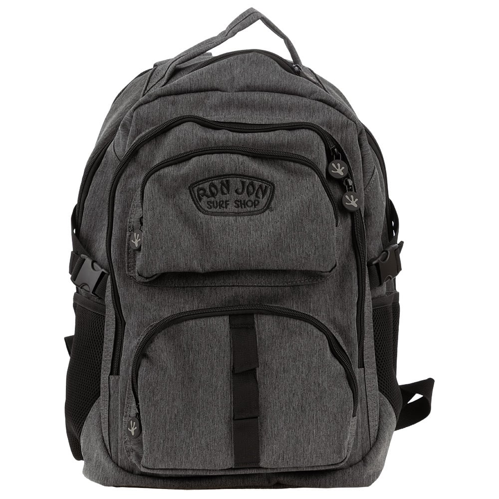 A gray backpack with multiple zippered compartments, mesh side pockets, and a Ron Jon Surf Shop logo on the front pocket.