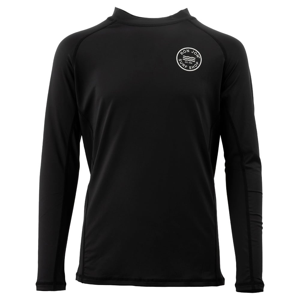 Black long-sleeve rash guard with a round logo on the left chest.