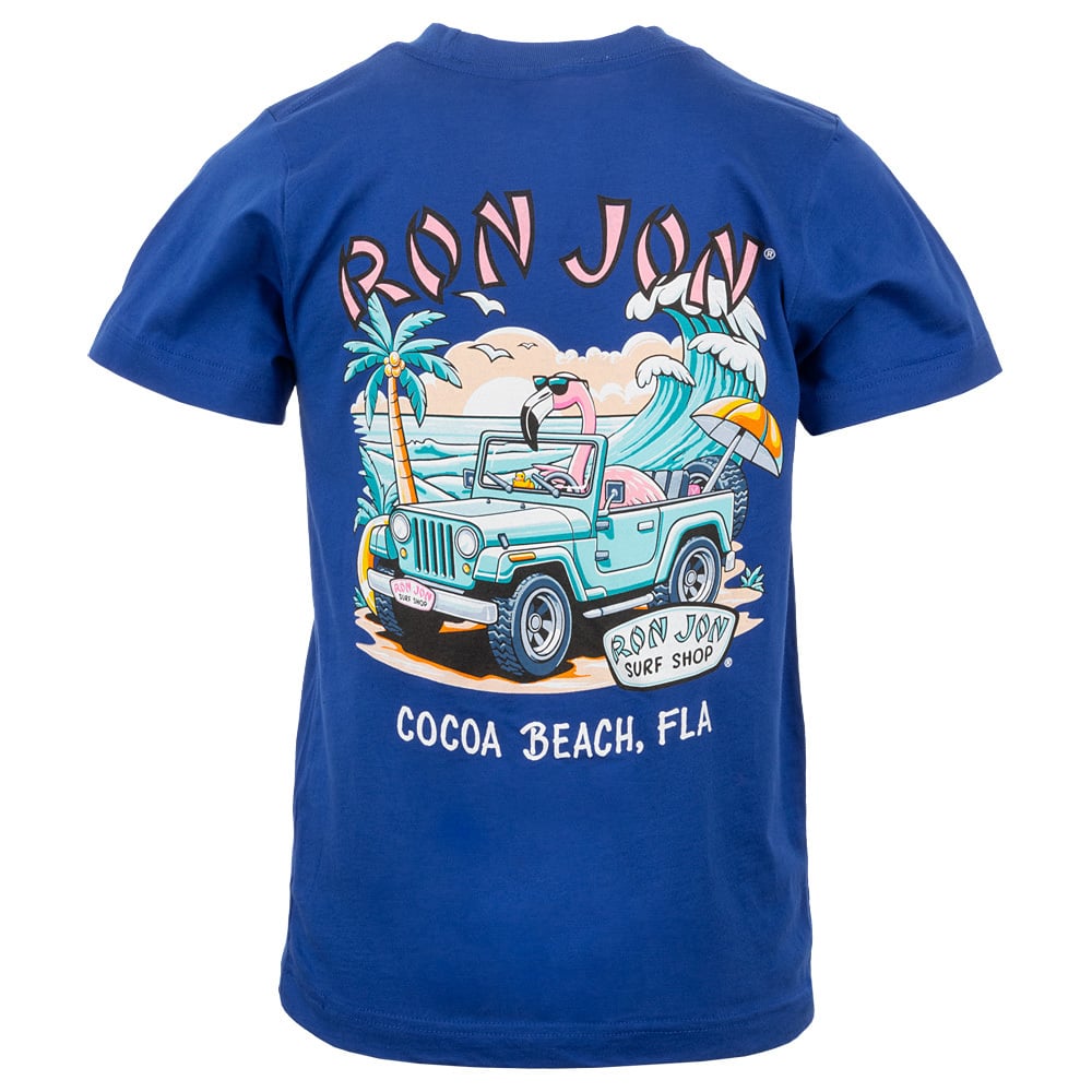 Blue t-shirt with a graphic of a car, palm trees, waves, and a surfboard. Text reads Ron Jon Surf Shop, Cocoa Beach, FLA.